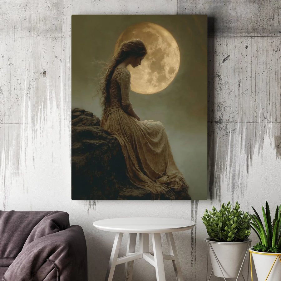 Gothic Moon Goddess Wall Art | Ethereal Woman On Cliff Canvas | 1.25 Inch Gallery Wrap | Ready To Hang Witchy Home Decor