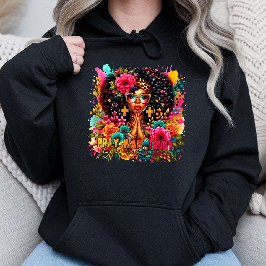 Pray Wait Trust Christian Hoodie | Colorful Floral Black Girl Graphic | Cotton Blend Premium Sweatshirt | Faith Based Gift For Women