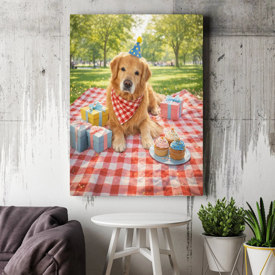Golden Retriever Birthday Canvas Wall Art | Cute Dog Party Picnic Photo | Premium Gallery Quality Print | Gift for Dog Lover & Pet Owner