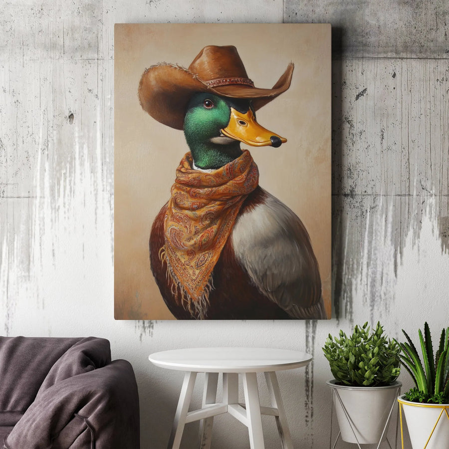 Cowboy Duck Canvas Wall Art | Mallard Bird Western Decor | Premium Gallery Wrap Print | Quirky Rustic Home Office Gift
