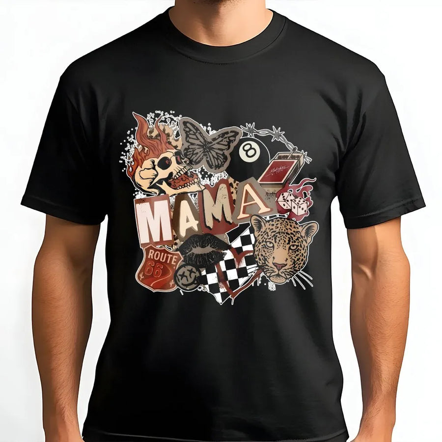 Western Mama T-Shirt | Grunge Collage Graphic with Leopard & Skull | Soft Premium Cotton | Unique Biker Mom Gift