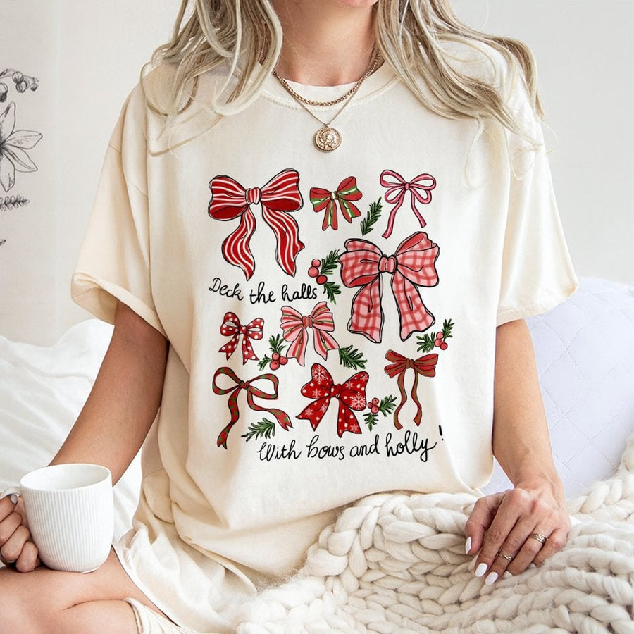 Christmas Bows T-Shirt | Festive Holiday Holly Pattern | Premium 100% Cotton | Cute Xmas Graphic Gift For Women And Girls