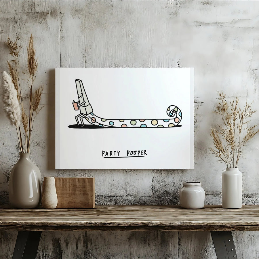 Party Pooper Canvas Wall Art | Funny Introvert Humor Illustration | Premium Gallery Wrap Canvas | Unique Gag Gift for Home Decor