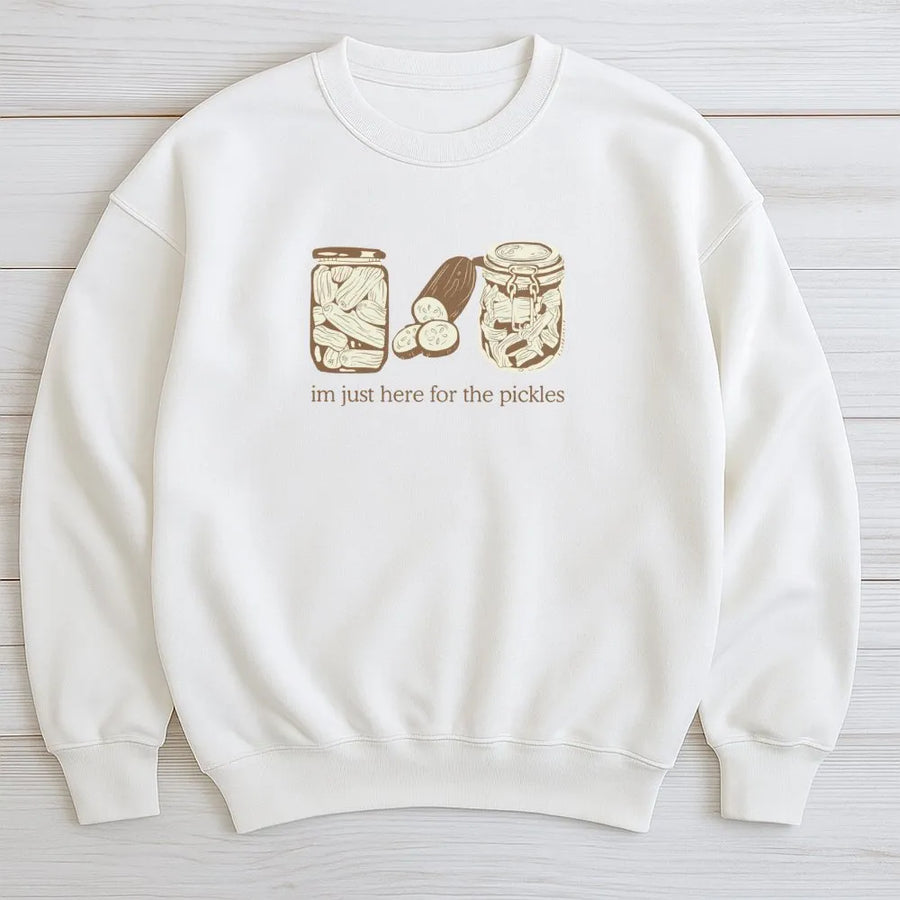 Pickle Lover Sweatshirt | I'm Just Here For The Pickles Graphic Print | Premium Cotton Blend Cozy Crewneck | Funny Foodie Gift For Pickle Enthusiasts