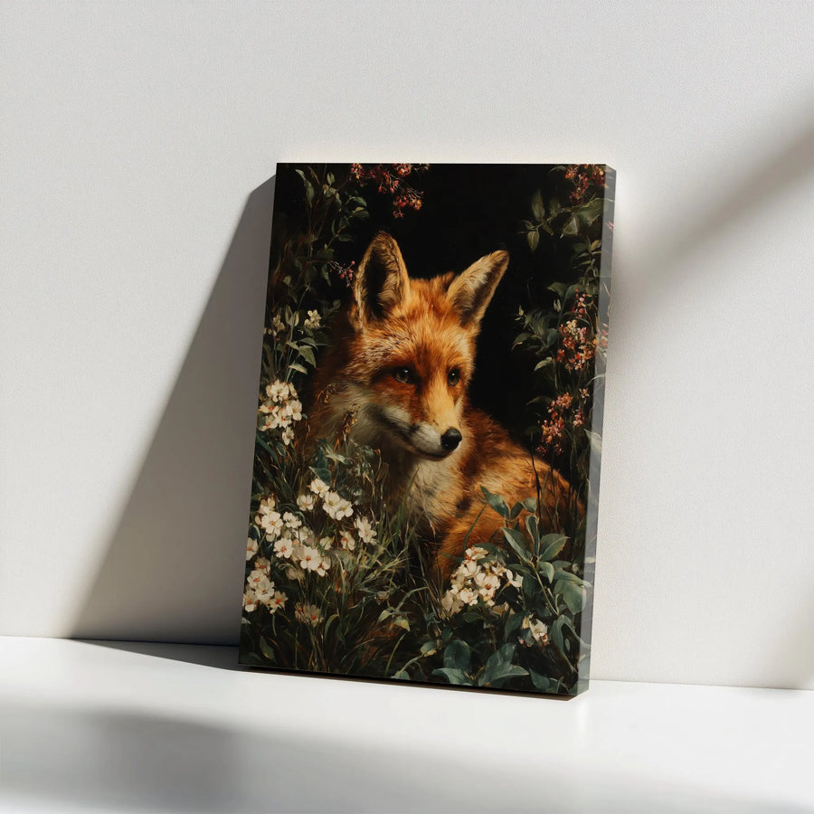 Vintage Fox Portrait Canvas Art | Red Fox in Wildflowers Painting | Premium Gallery Wrap | Cottagecore Home Decor Gift for Nature Lover