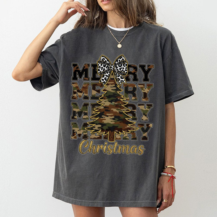 Camo Merry Christmas T-Shirt | Rustic Leopard Bow Holiday Tree Design | Premium 100% Cotton | Festive Gift for Women and Men