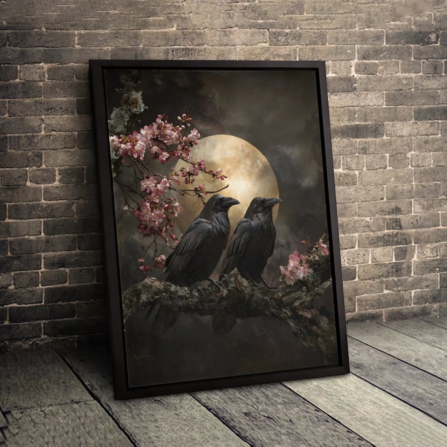 Raven Wall Art | Gothic Cherry Blossom Moon Canvas Print | Gallery Quality 1.25-Inch Profile | Dark Academia Home Decor Gift