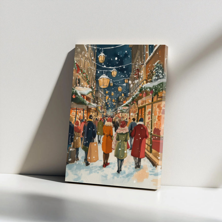 Christmas Shopping Street Canvas | Snowy Night Winter City Art | Premium Gallery Wrapped Wall Decor | Festive Holiday Home Gift