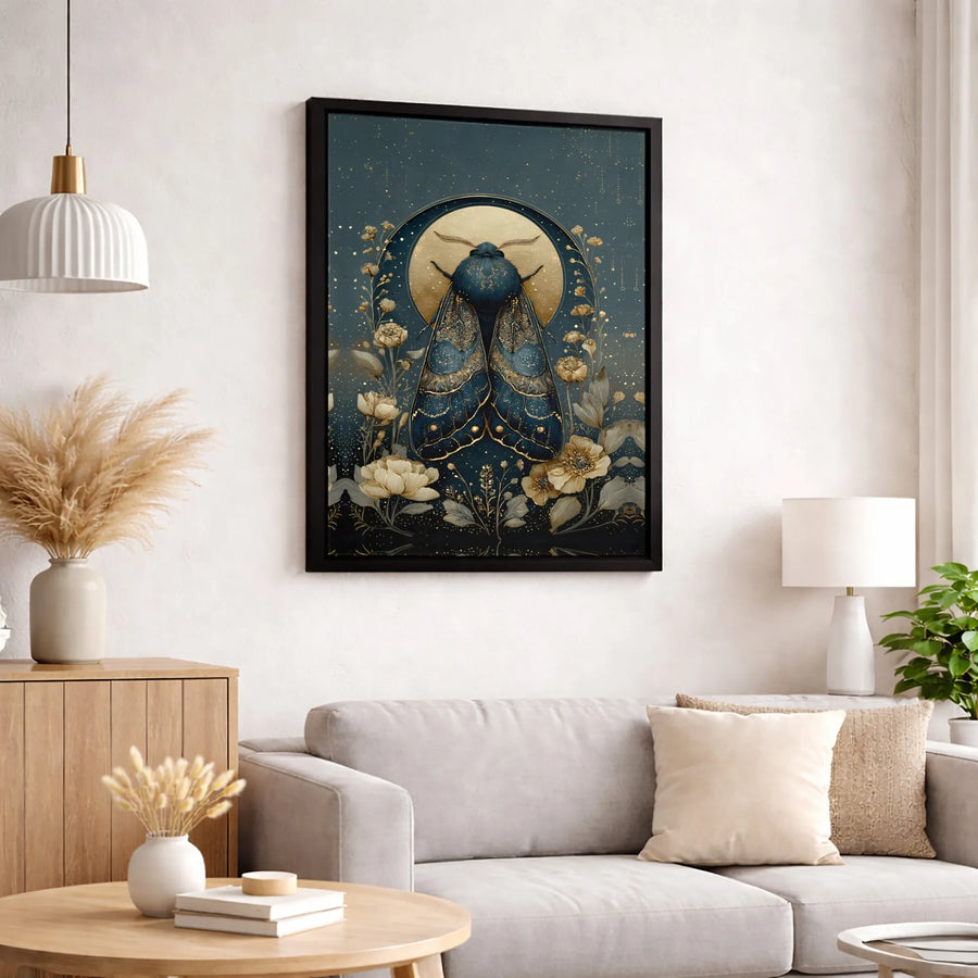 Celestial Moth Wall Art | Blue and Gold Floral Moon Canvas | Premium Gallery-Wrapped Print | Mystical Home Decor for Living Room