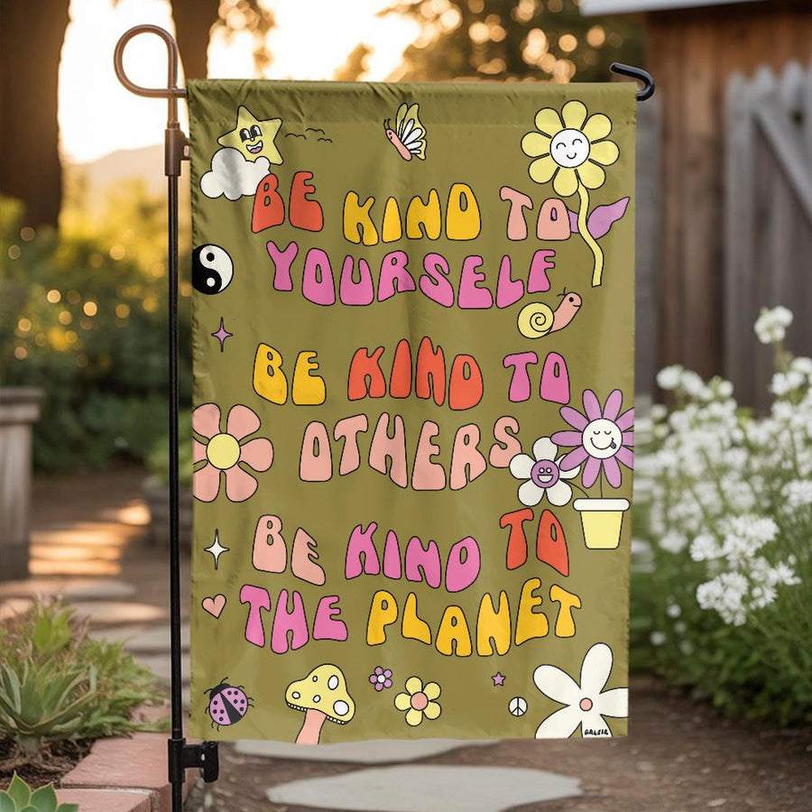 Be Kind Retro Garden Flag | Groovy Hippie Flower Power Yard Decor | Durable Premium Polyester Outdoor Banner | Positive Message Gift for Gardeners