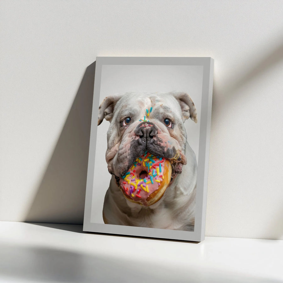 Funny Bulldog Canvas Wall Art | English Bulldog Eating Sprinkle Donut Portrait | Premium Gallery Print | Gift for Dog Lover, Humorous Kitchen Decor
