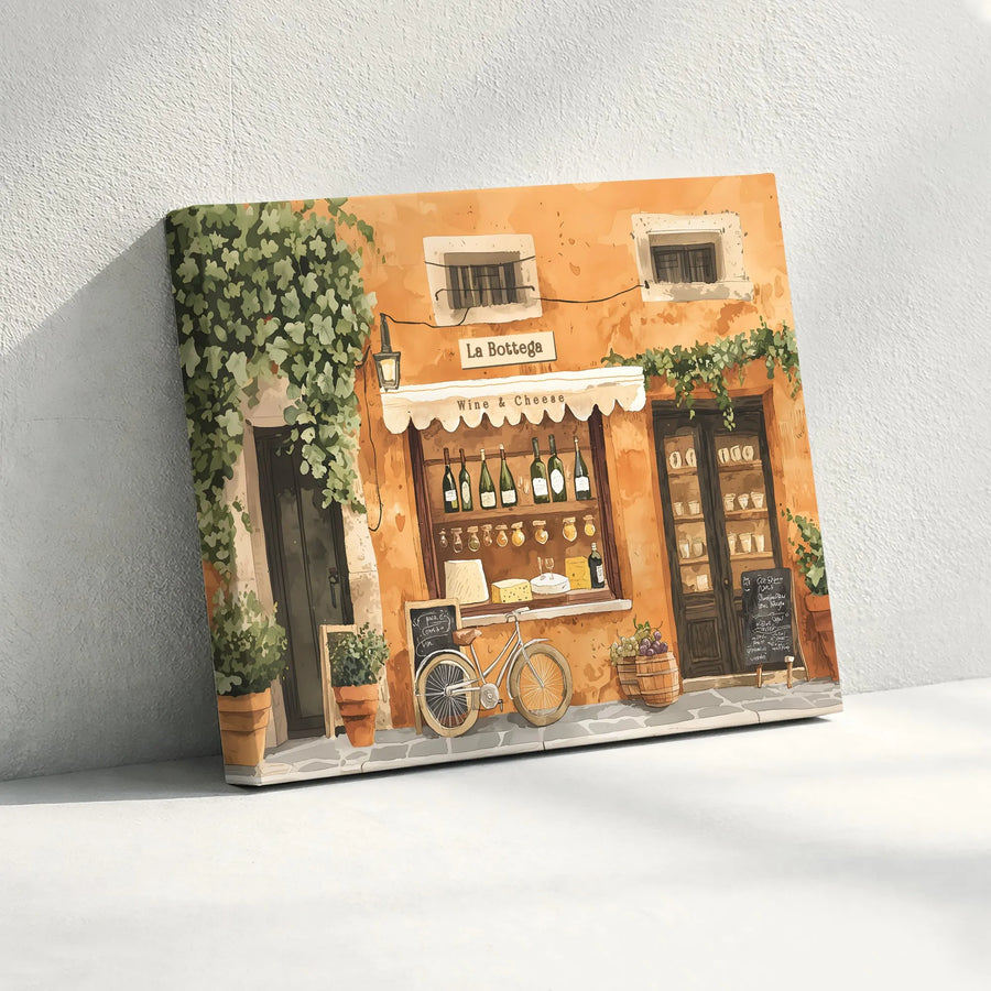 Italian Wine Shop Canvas Art | Tuscan Storefront Watercolor Print | Premium Gallery-Wrapped Wall Decor | Kitchen and Dining Room Gift