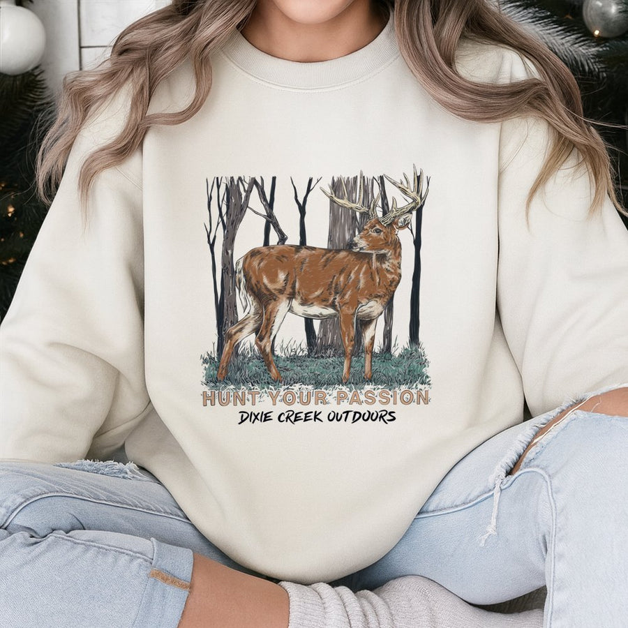 Buck Deer Sweatshirt | Hunt Your Passion Graphic Print | Premium Cotton Blend | Outdoor Adventure Gift for Hunters and Nature Lovers