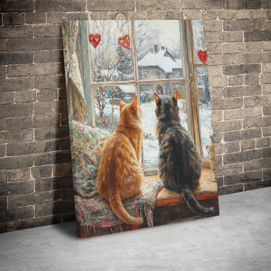 Winter Cats Wall Art Canvas | Romantic Window Scene With Red Hearts | 1.25-Inch Gallery Wrap | Cozy Home Decor Gift For Cat Lovers