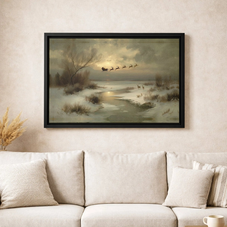 Vintage Santa Sleigh Canvas Wall Art | Snowy Winter Landscape Print | Gallery Wrapped Premium Canvas | Christmas Home Decor Gift for Holidays