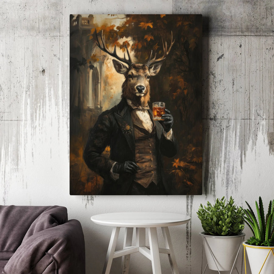 Distinguished Stag Portrait Canvas | Gentleman Deer Drinking Whiskey | Premium Gallery-Wrapped Wall Art | Sophisticated Home Office Decor Gift