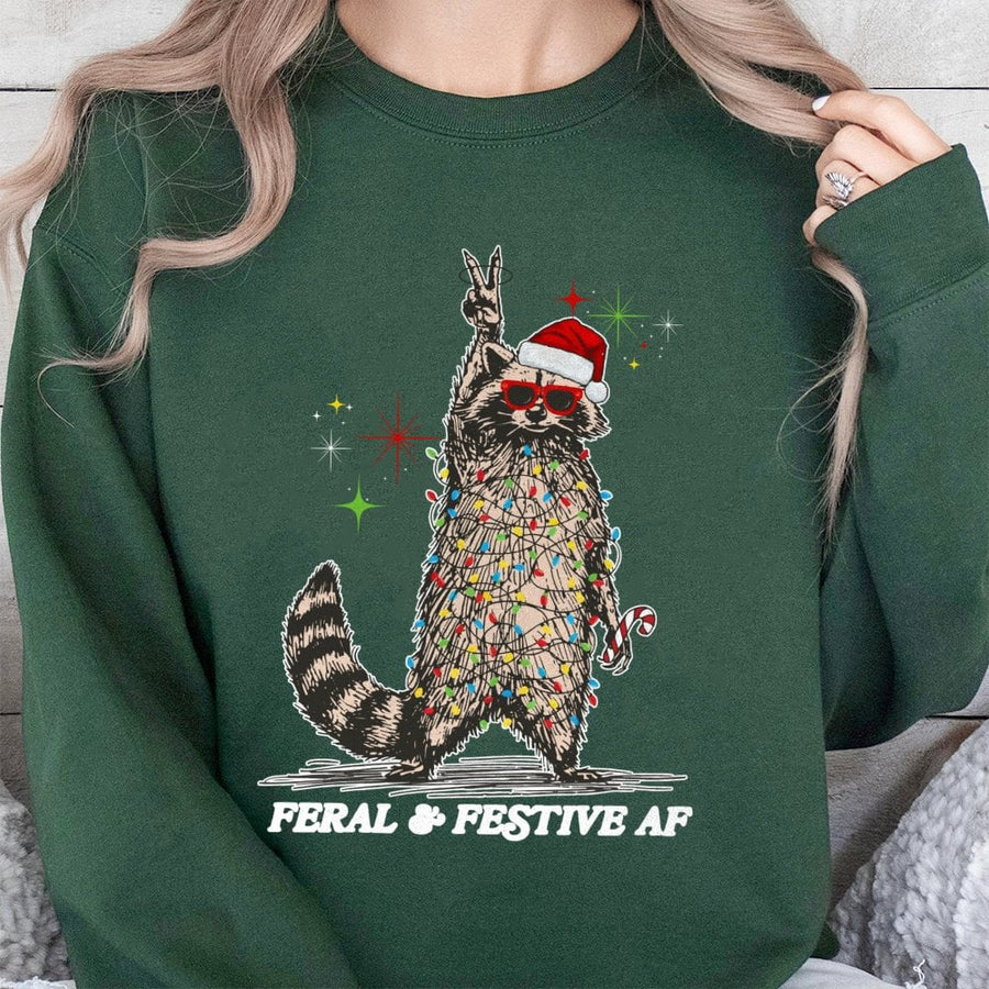 Feral & Festive Raccoon Christmas Sweatshirt | Funny Tangled Lights Animal Graphic | Cotton-Poly Blend Crewneck | Ugly Xmas Party Gift