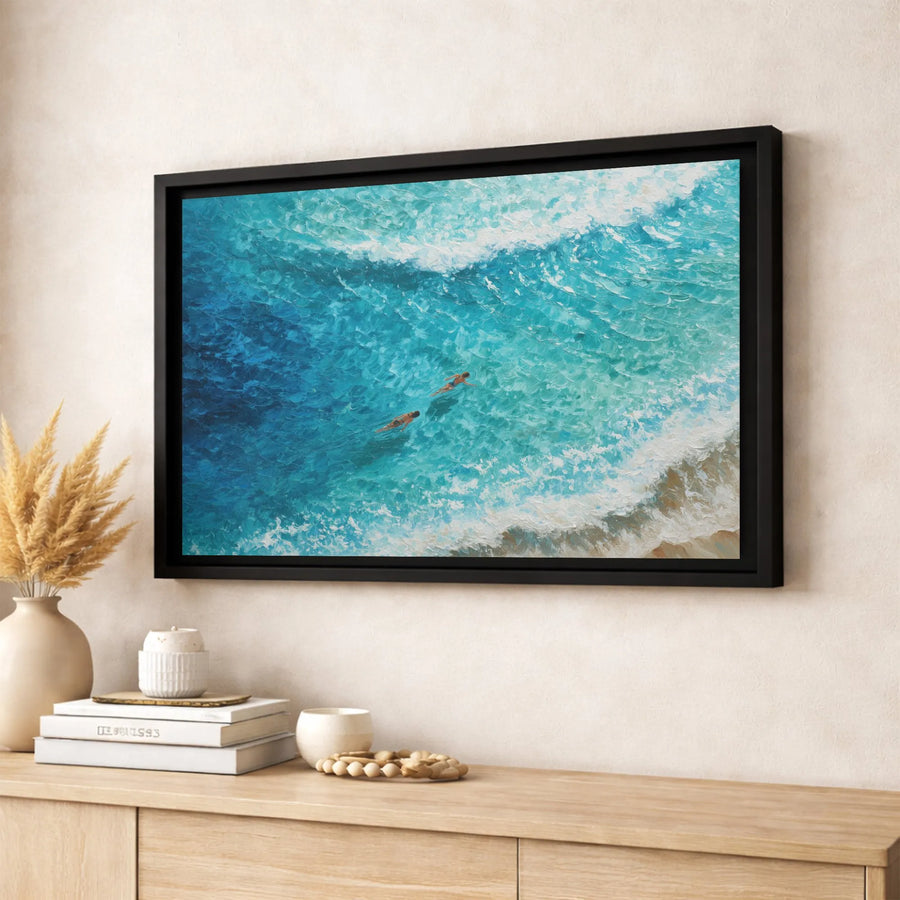 Ocean Swimmers Canvas Print | Aerial Coastal Blue Waves Art | Premium Gallery-Wrapped Wall Decor | Beach House Home Decor