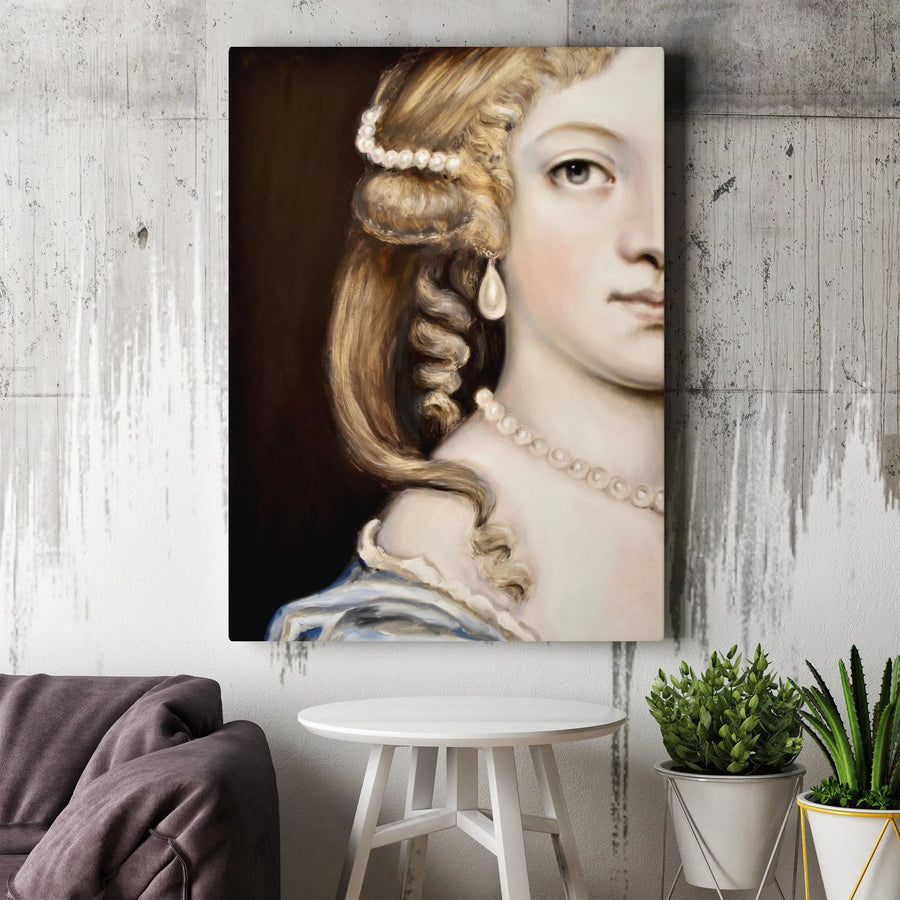 Classical Portrait Canvas Print | Dark Academia Wall Art with Pearl Details | Premium Thick Canvas | Collector's Gift for Art History Lover