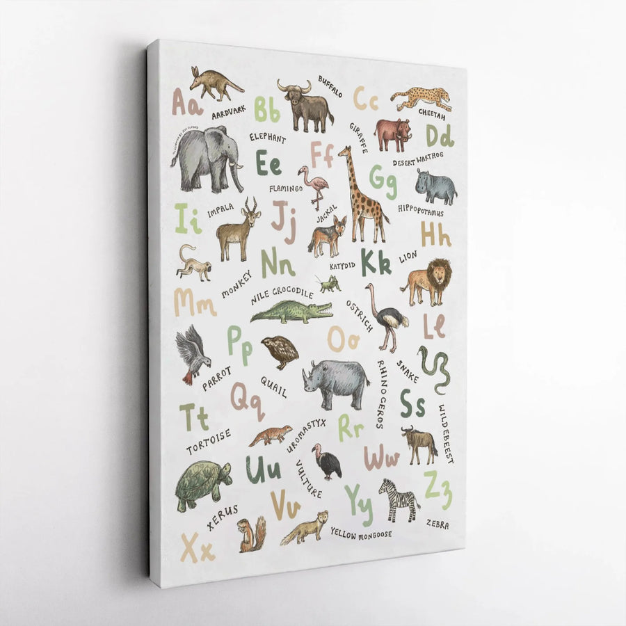 Animal Alphabet Canvas Wall Art | Educational Safari Wildlife Illustrations | Premium Gallery Wrapped Canvas | Nursery & Playroom Decor Gift