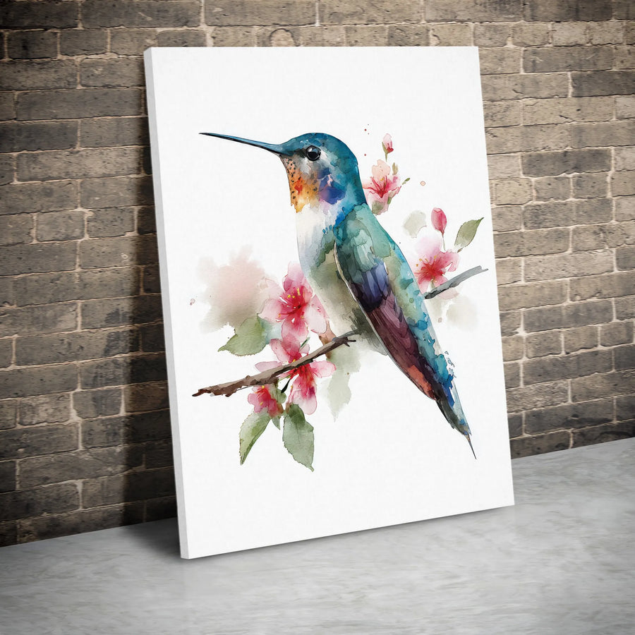 Hummingbird Canvas Wall Art | Watercolor Bird Painting with Cherry Blossoms | Premium Gallery Wrapped Canvas | Nature Inspired Home Decor Gift
