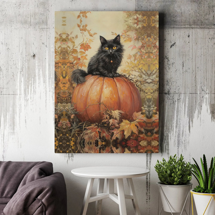 Black Cat Pumpkin Wall Art | Autumn Fall Foliage Oil Painting Style | Premium 1.25" Gallery Canvas | Spooky Halloween Home Decor Gift