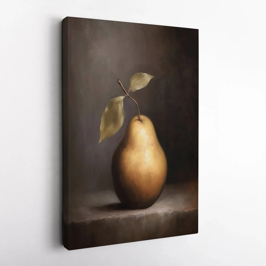 Golden Pear Still Life Canvas Art | Moody Kitchen Wall Decor | Premium Gallery-Wrapped Print | Elegant Gift for Foodies
