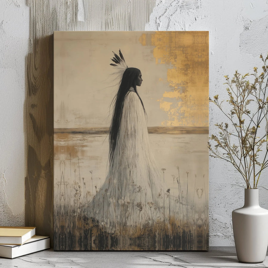 Native American Woman Canvas Wall Art | Golden Feather Headdress Portrait | Premium Gallery Wrap Print | Southwestern Home Decor Gift