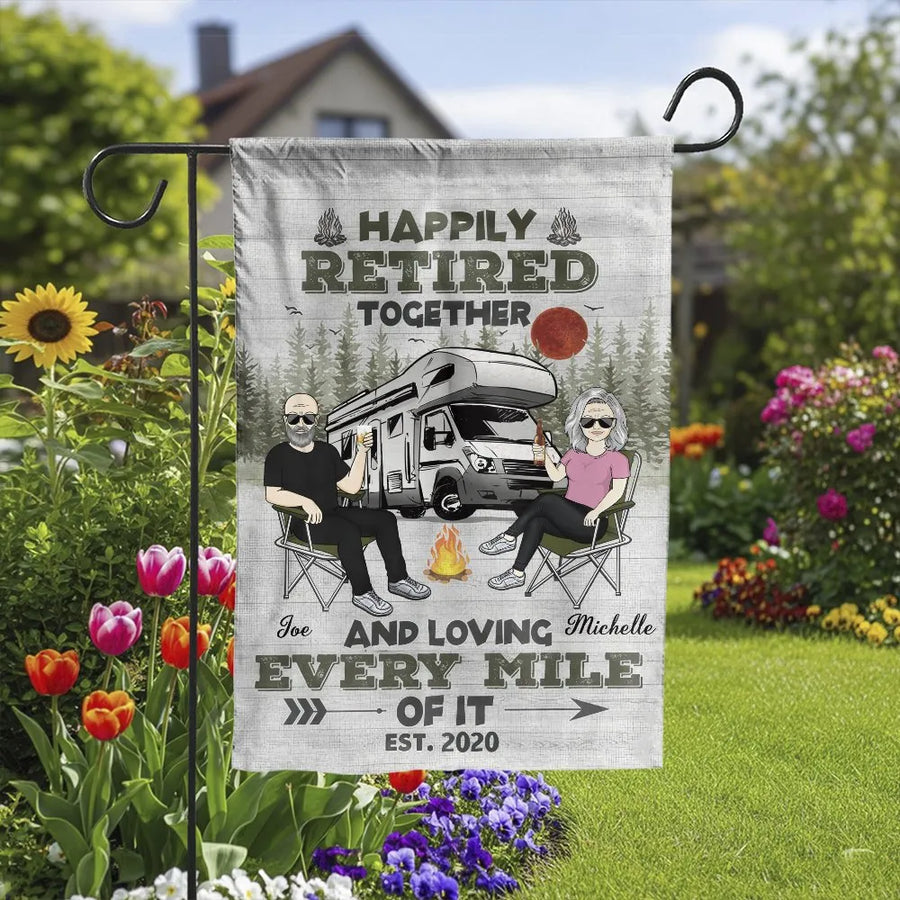Happily Retired Camping Garden Flag | RV Camper Double Sided Outdoor Yard Banner | Premium Weatherproof Polyester | Retirement Gift for Camping Couples