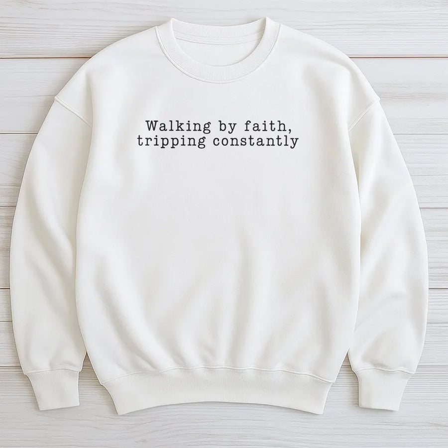 Walking by Faith Sweatshirt | Funny Christian Quote Sweatshirt | Premium Cotton Blend | Inspirational Jesus Apparel Gift for Women & Men