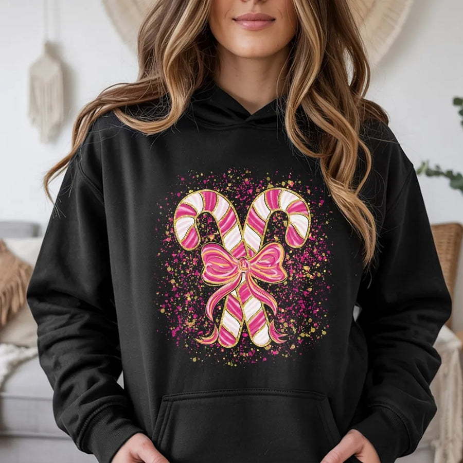 Pink Candy Cane Hoodie | Coquette Glitter Bow Christmas Design | Premium Cotton Blend | Aesthetic Holiday Gift for Women & Teens