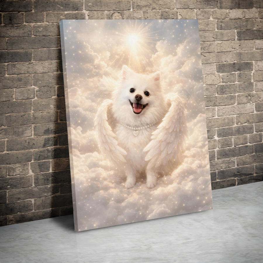 Dog Memorial Canvas Wall Art | Smiling Pomeranian with Angel Wings in Heaven | Premium Gallery Wrapped Canvas | Pet Loss Sympathy Gift for Dog Lovers