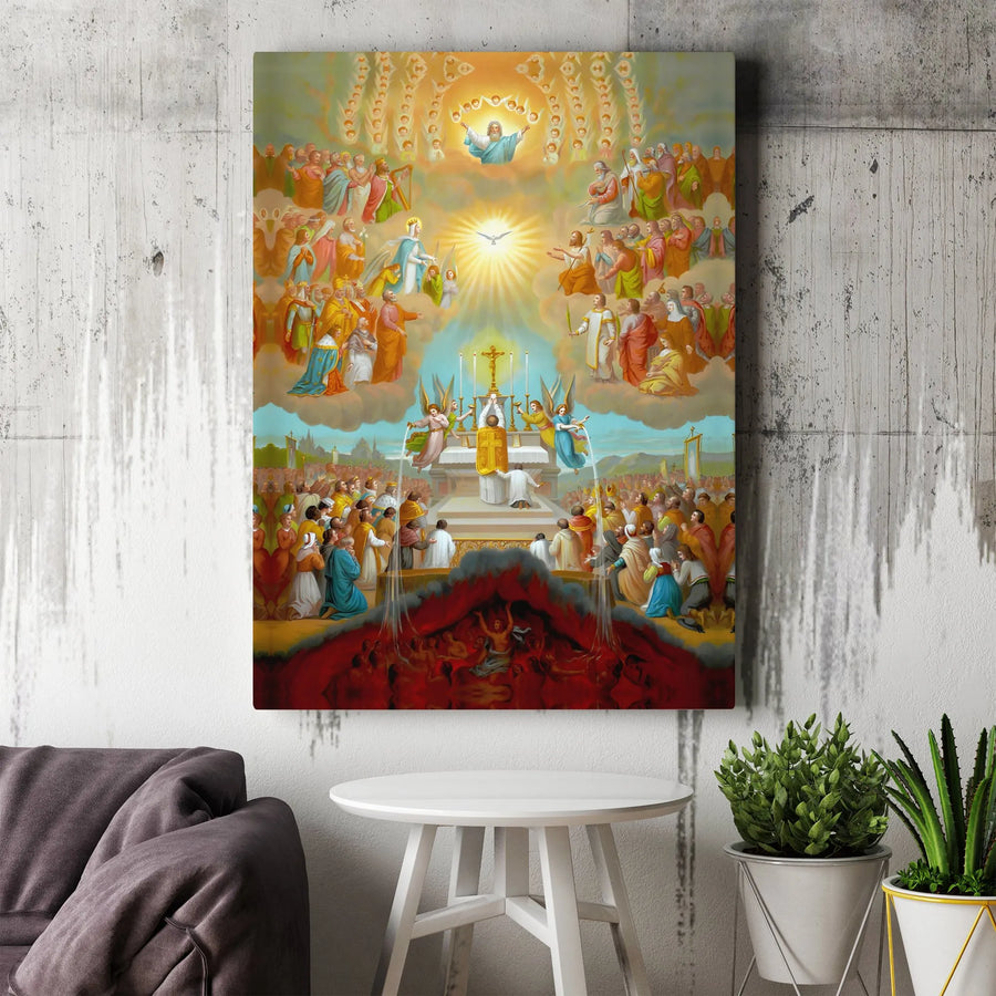 Catholic Mass Wall Art | Classical Religious Painting of Heaven, Earth & Purgatory | Premium Gallery Wrapped Canvas | Christian Home Decor Gift