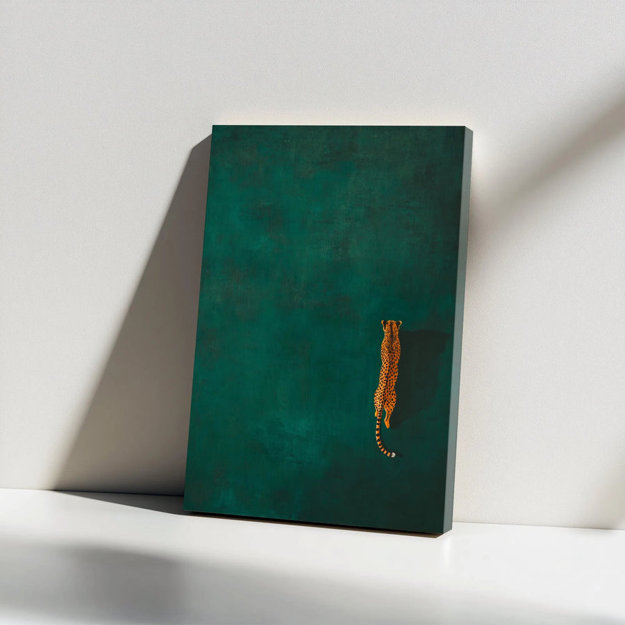 Walking Cheetah Canvas Wall Art | Minimalist Deep Green Safari Print | Premium Gallery Wrapped Decor | Modern Wildlife Home Office Gift