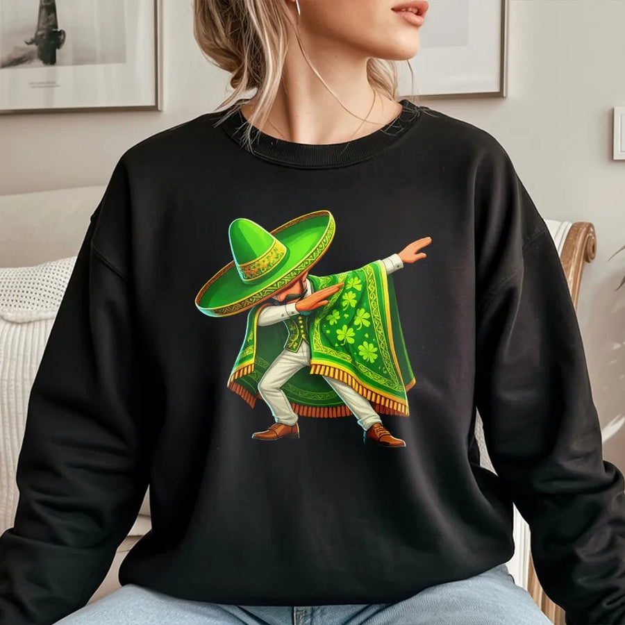 St. Patrick's Day Sweatshirt | Dabbing Sombrero Poncho Shamrock Graphic | Cotton Blend Unisex Apparel | Funny Mexican Irish Gift for Him or Her