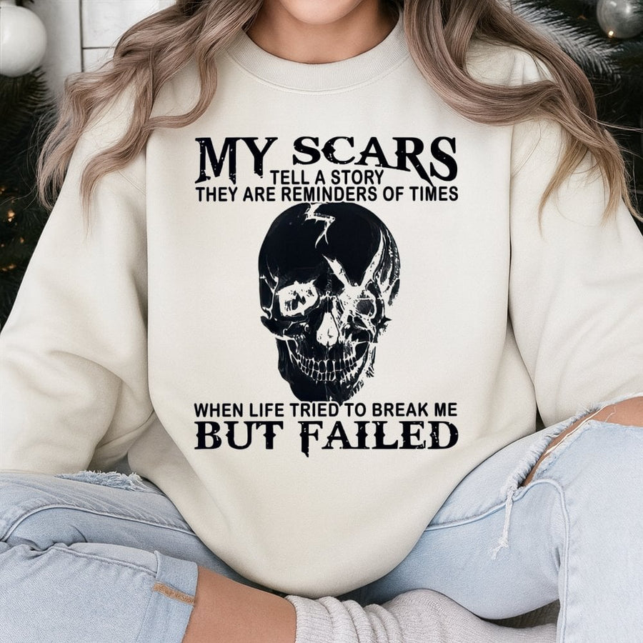 My Scars Tell A Story Sweatshirt | Cracked Skull Graphic Design | Premium Cotton Blend | Inspirational Grunge Style Unisex Pullover Gift