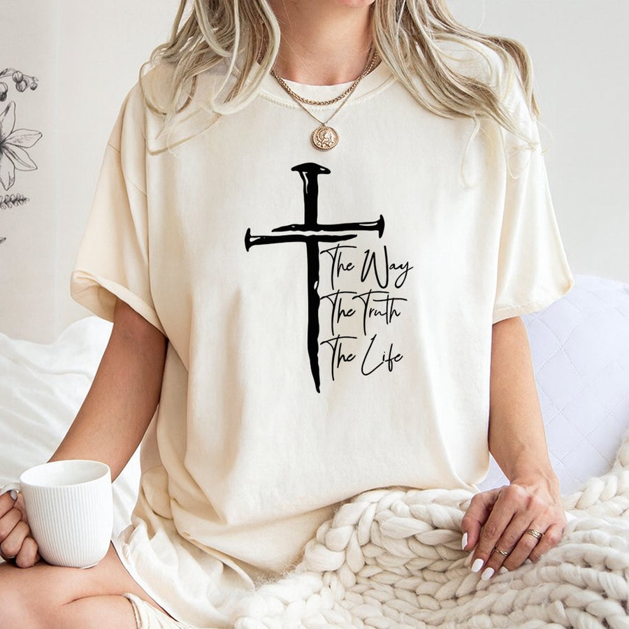 The Way The Truth The Life T-Shirt | Christian Cross Made Of Nails Graphic | 100% Cotton Premium Quality | Inspirational Faith Gift For Believers