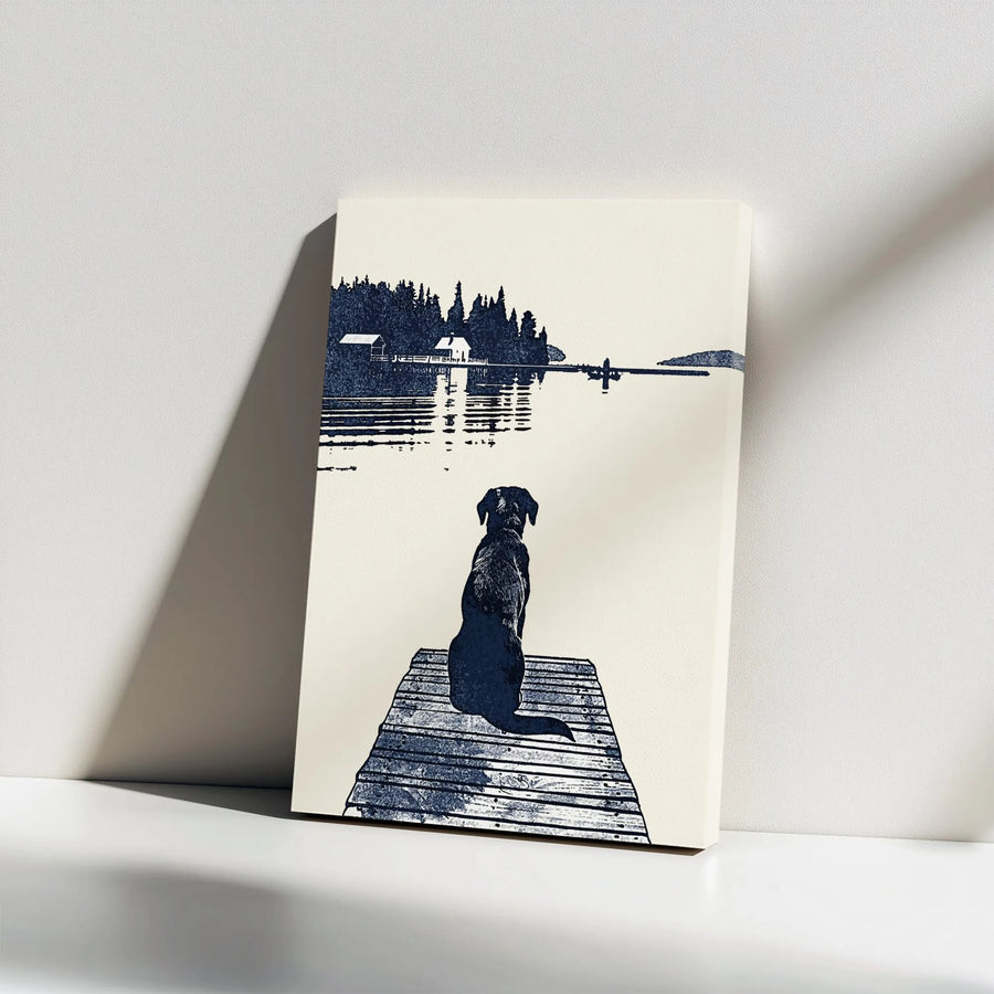 Dog on Dock Lake Canvas Art | Serene Forest Waterfront Landscape | 1.25 Inch Gallery Wrap | Peaceful Nature Wall Decor for Dog Lovers