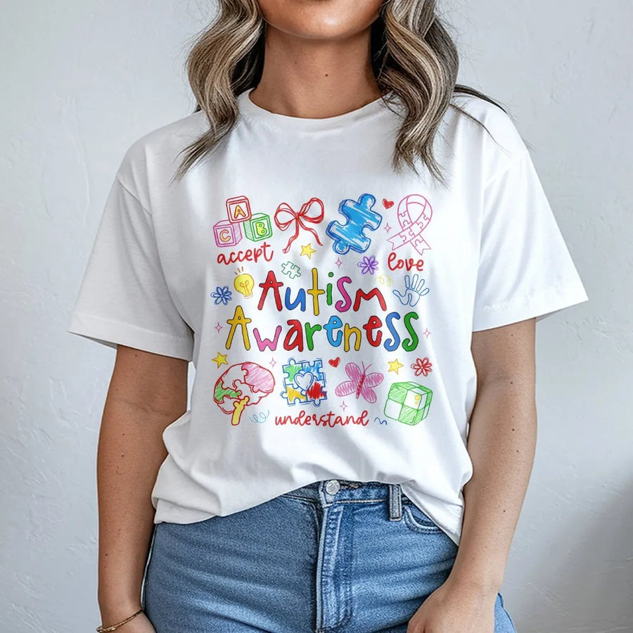 Autism Awareness T-Shirt | Colorful Doodle Art Acceptance Graphic | Soft Premium Cotton Tee | Inclusive Gift for Teachers Advocates