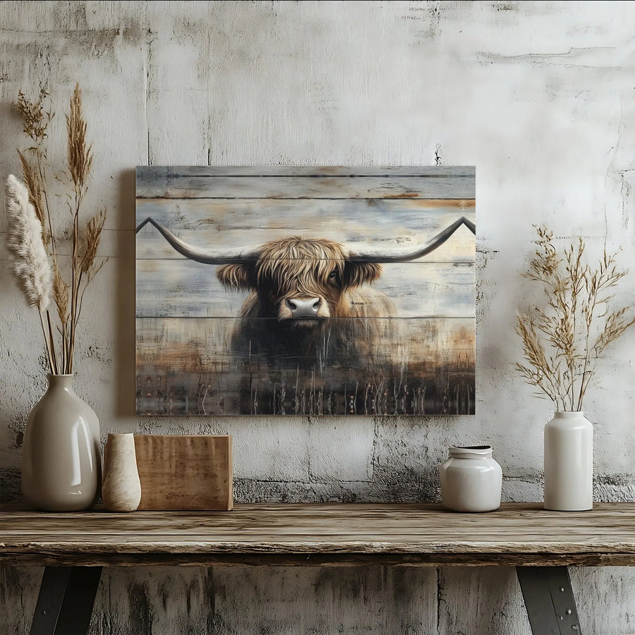 Highland Cow Canvas Wall Art | Rustic Farmhouse Portrait on Distressed Wood | Premium Gallery Wrap Print | Farmhouse Decor Gift for Animal Lovers