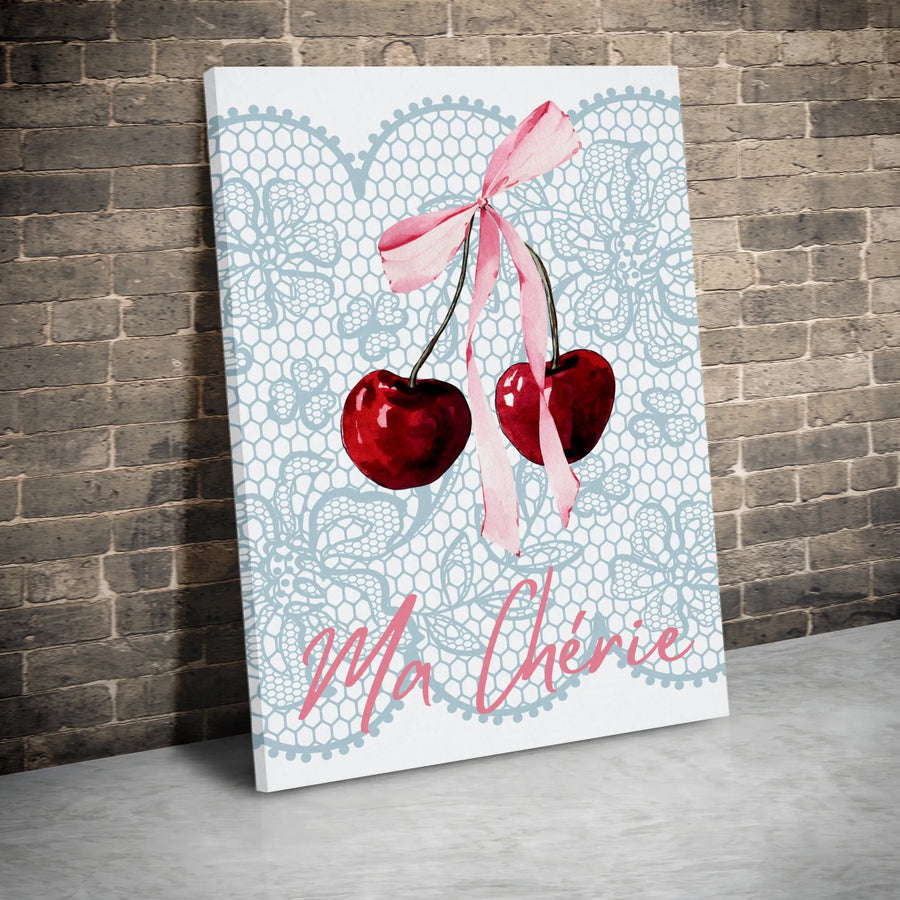 Ma Chérie Cherry Wall Art | Watercolor Pink Ribbon & Blue Lace Aesthetic | Premium Gallery-Wrapped Canvas | Romantic Kitchen & Bedroom Decor Gift