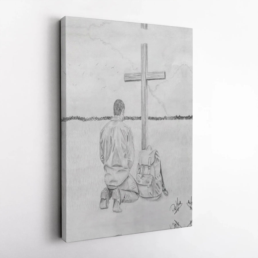 Man Kneeling At Cross Canvas Art | Religious Pencil Sketch Drawing | Premium Gallery Wrapped Wall Decor | Spiritual Faith Gift For Him