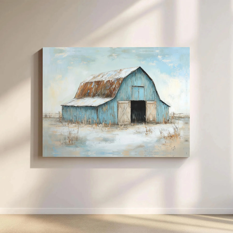 Rustic Blue Barn Wall Art | Snowy Farmhouse Winter Landscape | Premium Gallery Wrapped Canvas | Farmhouse Home Decor Gift