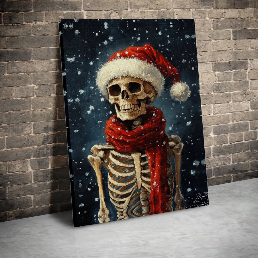 Christmas Skeleton Canvas Wall Art | Santa Hat and Red Scarf Holiday Decor | Fade-Resistant Gallery-Quality Print | Festive Gothic Home Gift