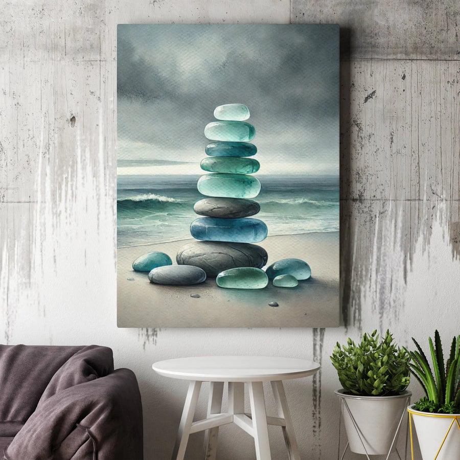 Zen Stone Stack Wall Art | Watercolor Beach Sea Glass Print | Premium Gallery-Wrapped Canvas | Calming Coastal Home Decor Gift