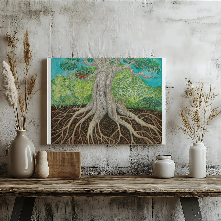Ohia Tree Canvas Wall Art | Botanical Illustration with Iiwi Bird | Premium Fade-Resistant Print | Hawaiian Inspired Home Decor Gift
