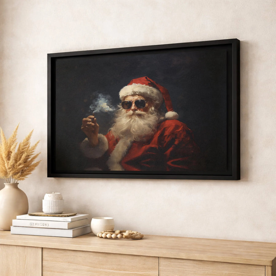 Cool Santa Claus Canvas Print | Smoking Santa Wall Art with Sunglasses | Premium Fade-Resistant Gallery Wrap | Edgy Christmas Home Decor Gift