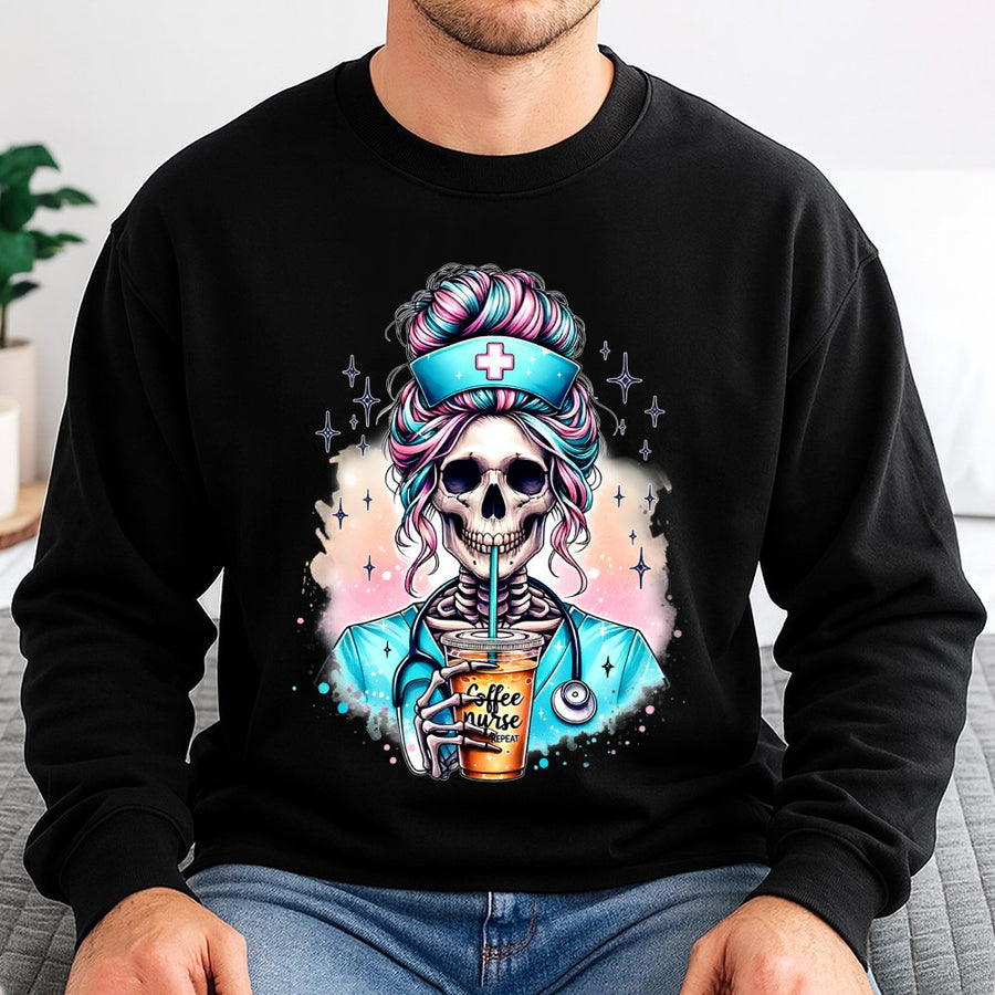 Skeleton Nurse Coffee Sweatshirt | Funny Medical Skull Design | Premium Cotton Blend | Gift for Nurses and Iced Coffee Lovers