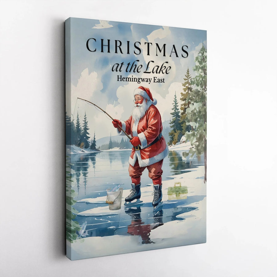 Christmas at the Lake Canvas Print | Santa Ice Fishing Winter Scene | Premium Gallery Wrap Wall Art | Rustic Holiday Cabin Decor Gift