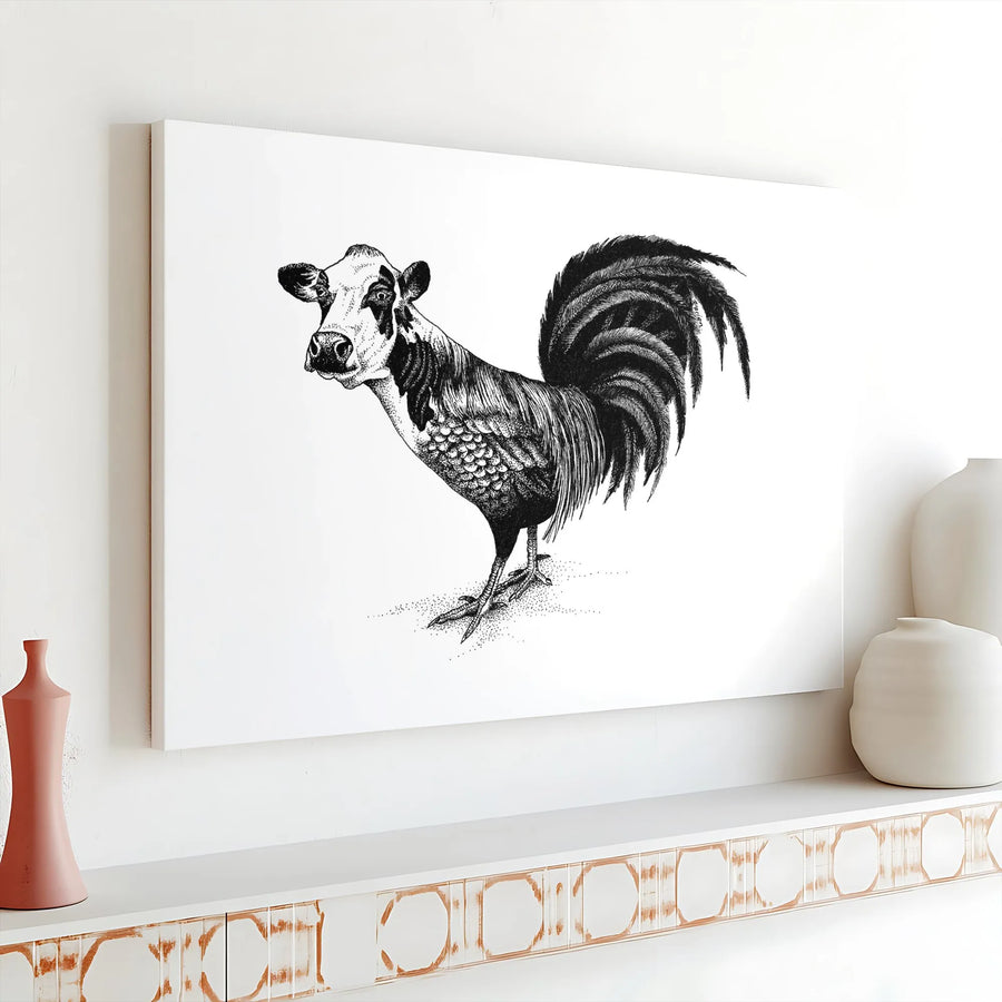 Surreal Cow Rooster Hybrid Canvas | Whimsical Farm Animal Wall Art | Premium Gallery Wrap Print | Unique Gift for Farmhouse Decor Lovers